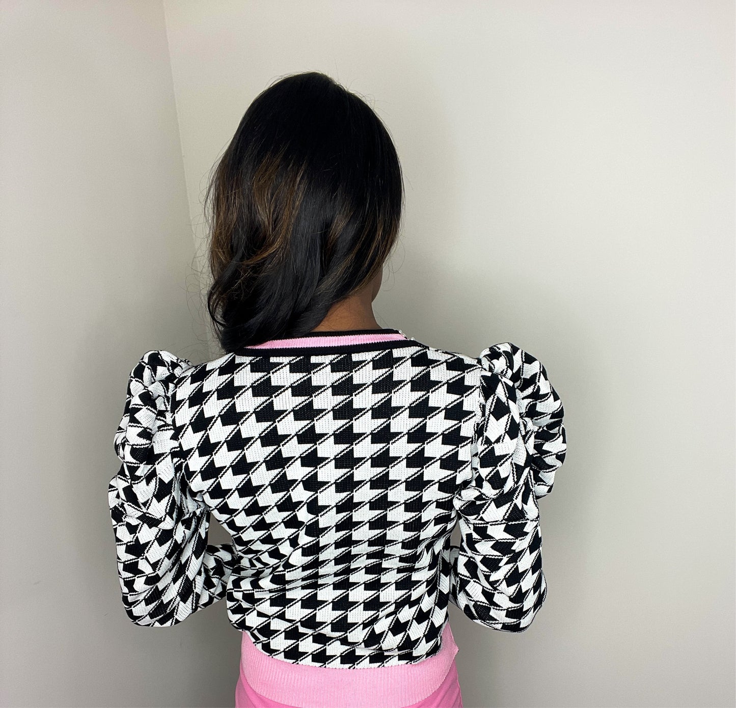 Forever Galore classy houndstooth puff sleeve sweater with pearls AKA with fashion work pants for church or work