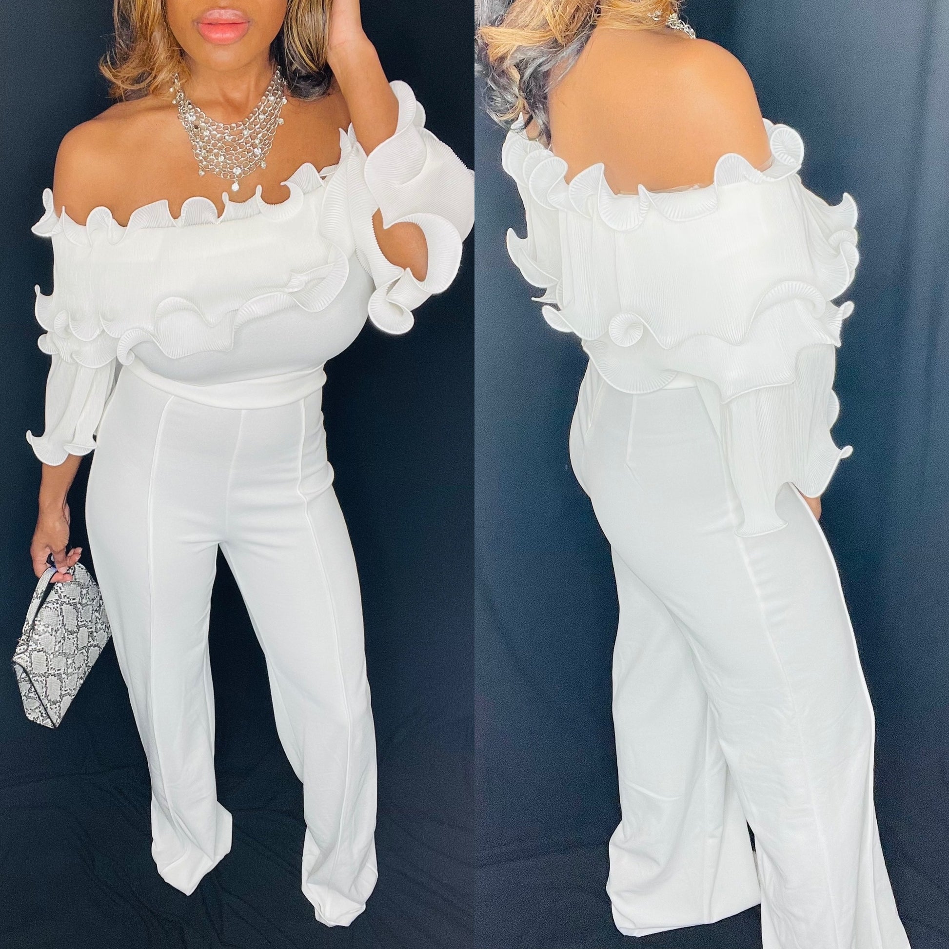 white off the shoulder jumpsuits