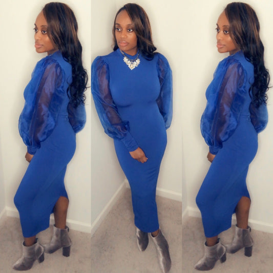 The "IT Girl" Royal Blue Sheer Sleeve Midi Dress