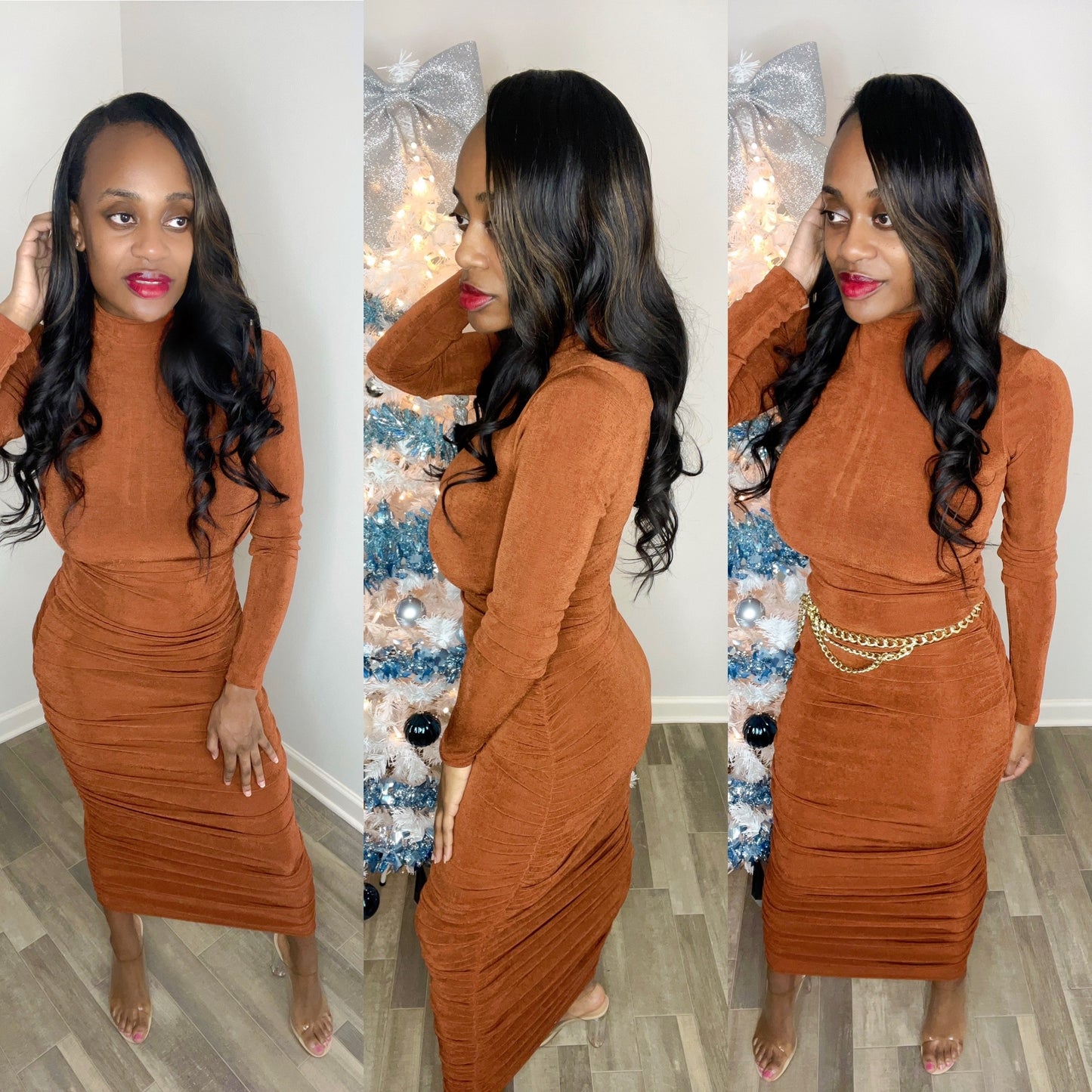Forever Galore wearing a long midi brick dress with a gold chain belt with Shoe Dazzle clear heels 