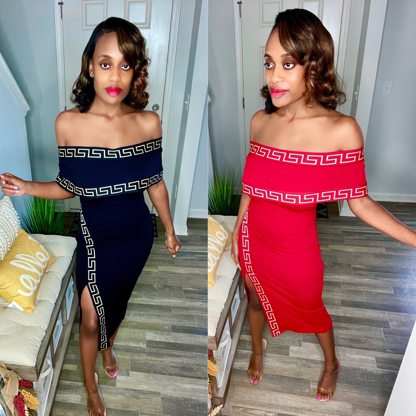 Forever Galore lifestyle Estella Luxe off the shoulder dress with split at thigh girls nigjt out dress Harlem on Amazon outfit