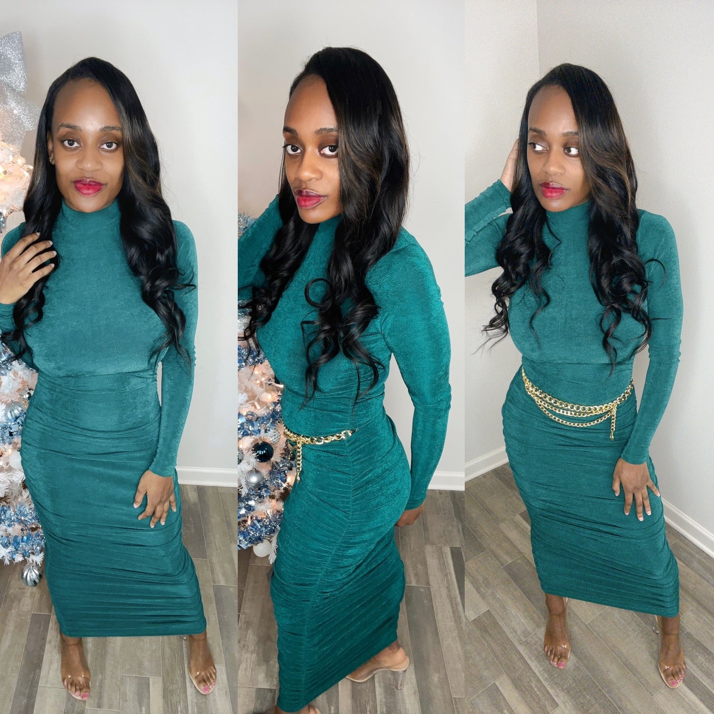 Forever Galore wearing a long maxi hunter green dress with ruched sides and long sleeves great for Atlanta brunch with Shoe Dazzle shoes