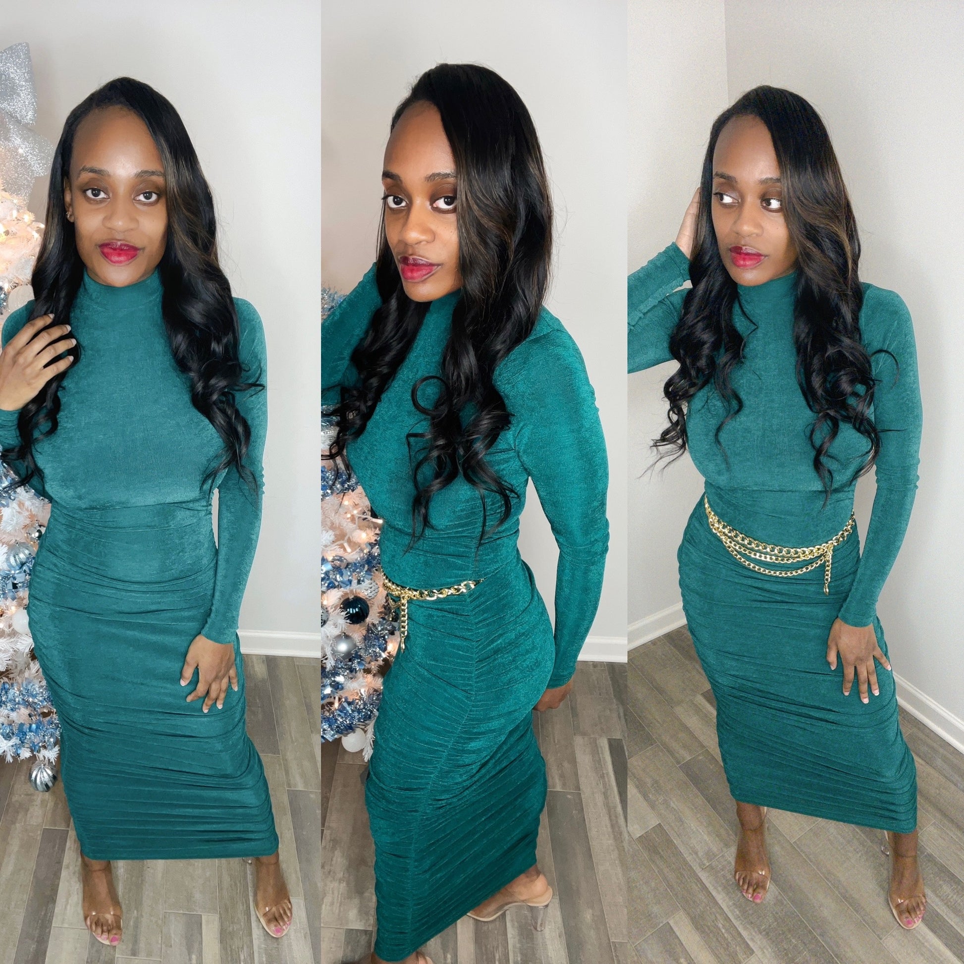 Forever Galore wearing a long maxi hunter green dress with ruched sides and long sleeves great for Atlanta brunch with Shoe Dazzle shoes
