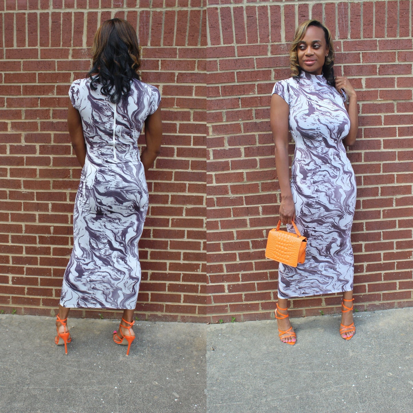 "Chanelle" marble-designed "abstract" short sleeve midi dress
