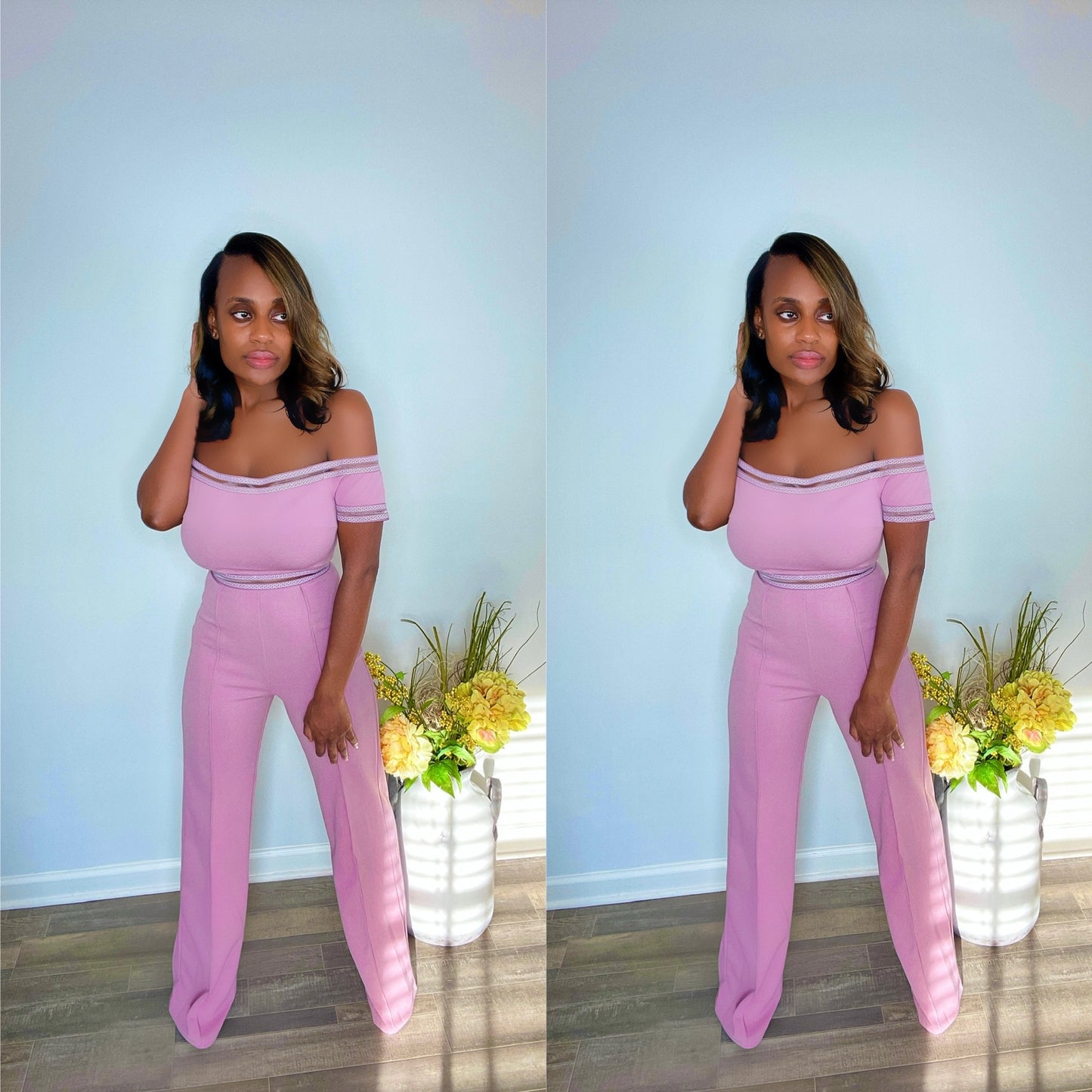 Forever Galore wearing a pink off the shoulder jumpsuit great for brunch and date night Valentine's Day outfit with Shoe Dazzle clear heels 