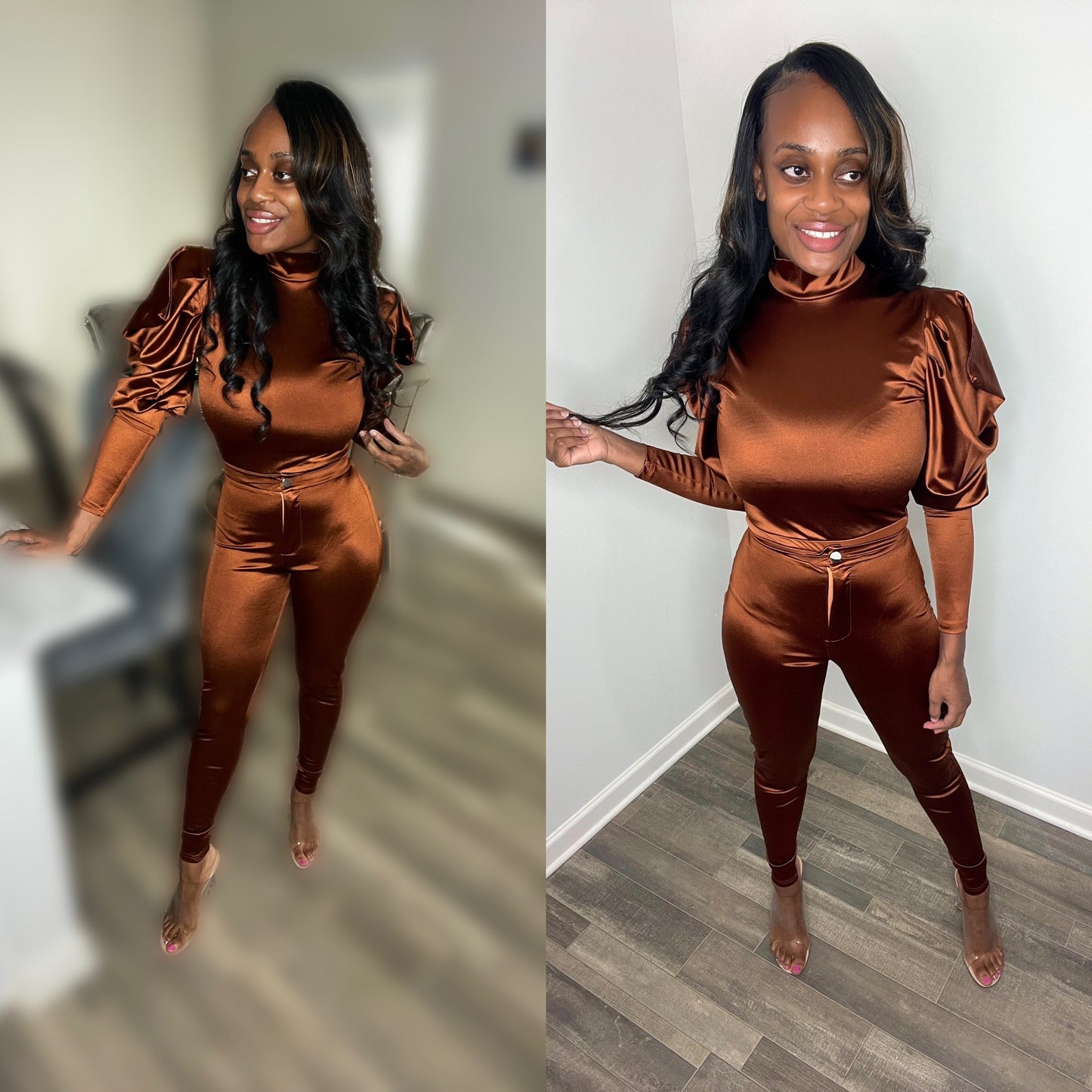 Forever Galore wearing a matching set thats brown (brown) great for date night in Atlanta and Shoe Dazzle clear heels 