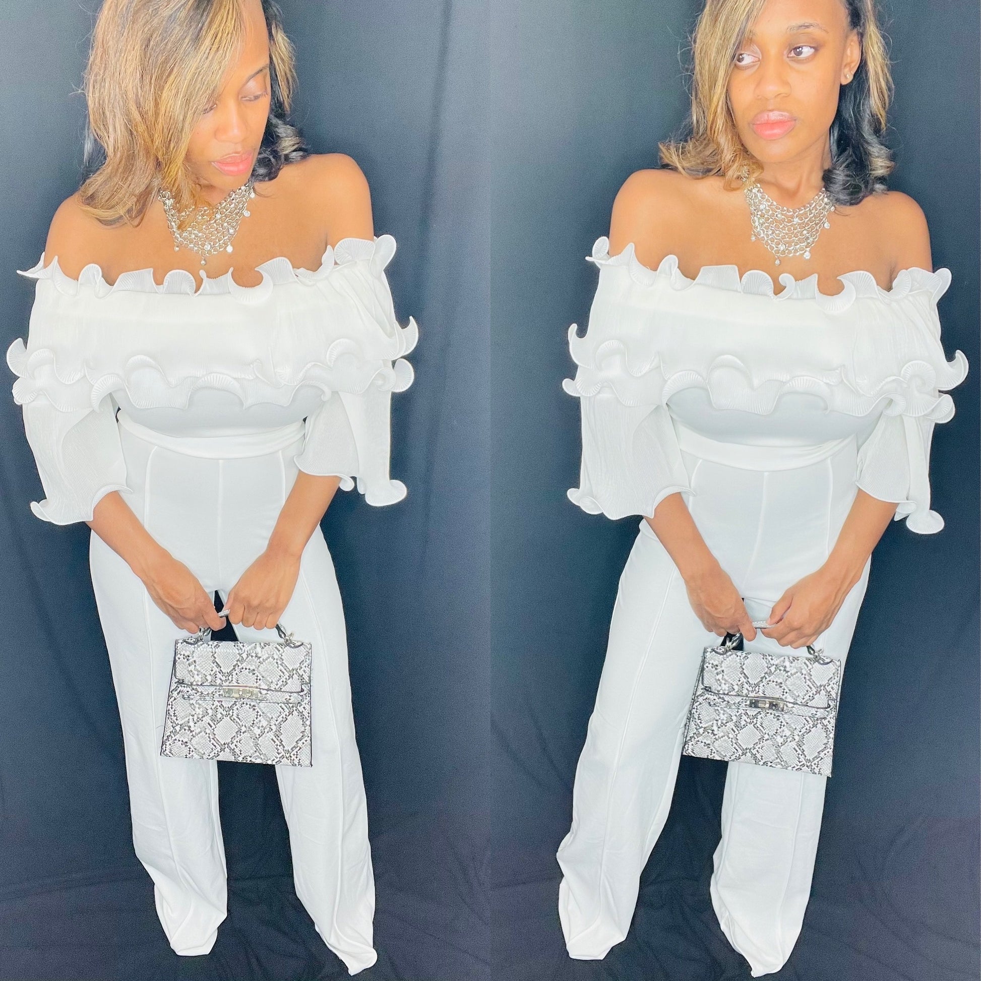 Forever Galore with white ruffle off the shoulder jumpsuit and snake print purse from Windsor  
