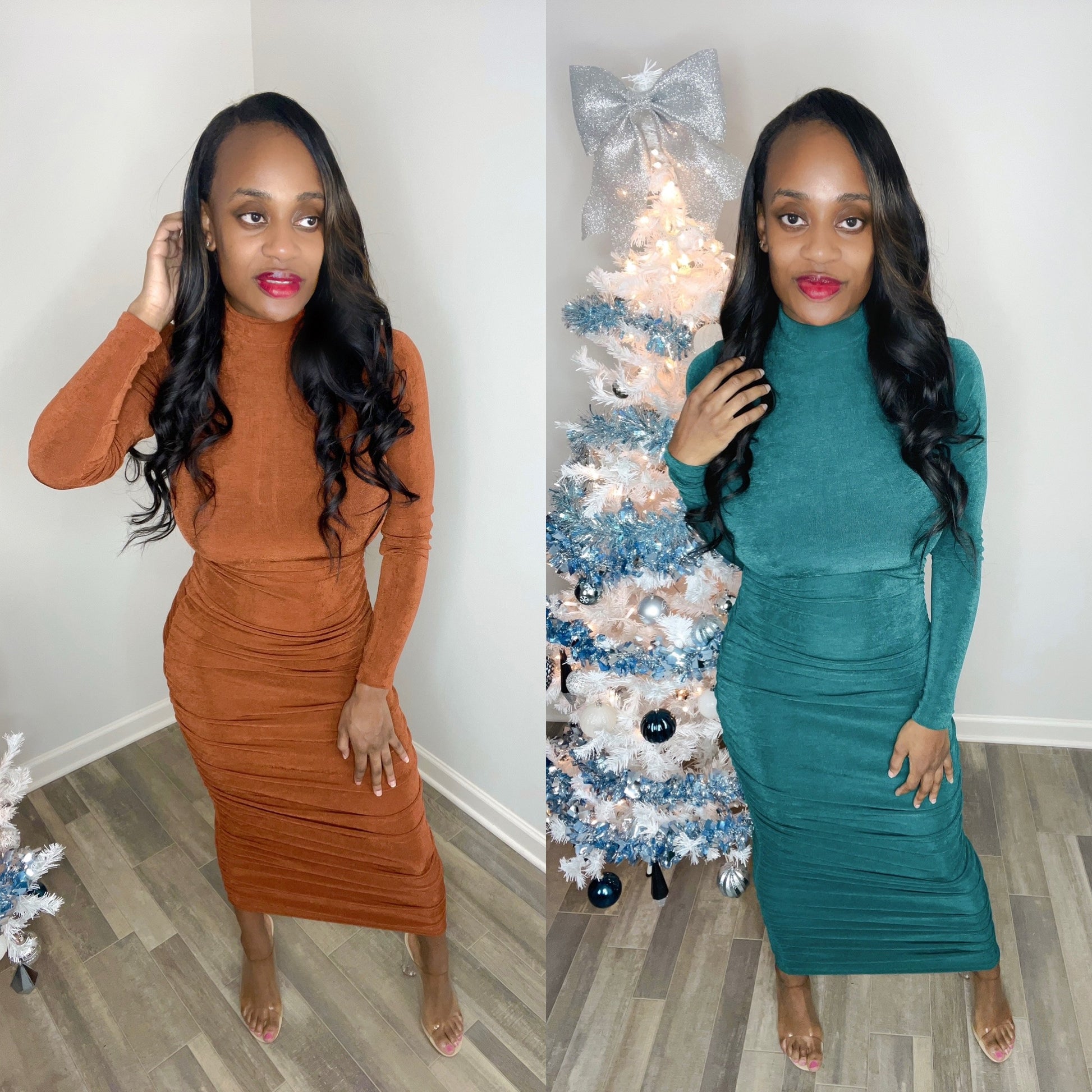 Forever Galore wearing brick and hunter green long midi dress with ruched sides with shoe dazzle shoes 