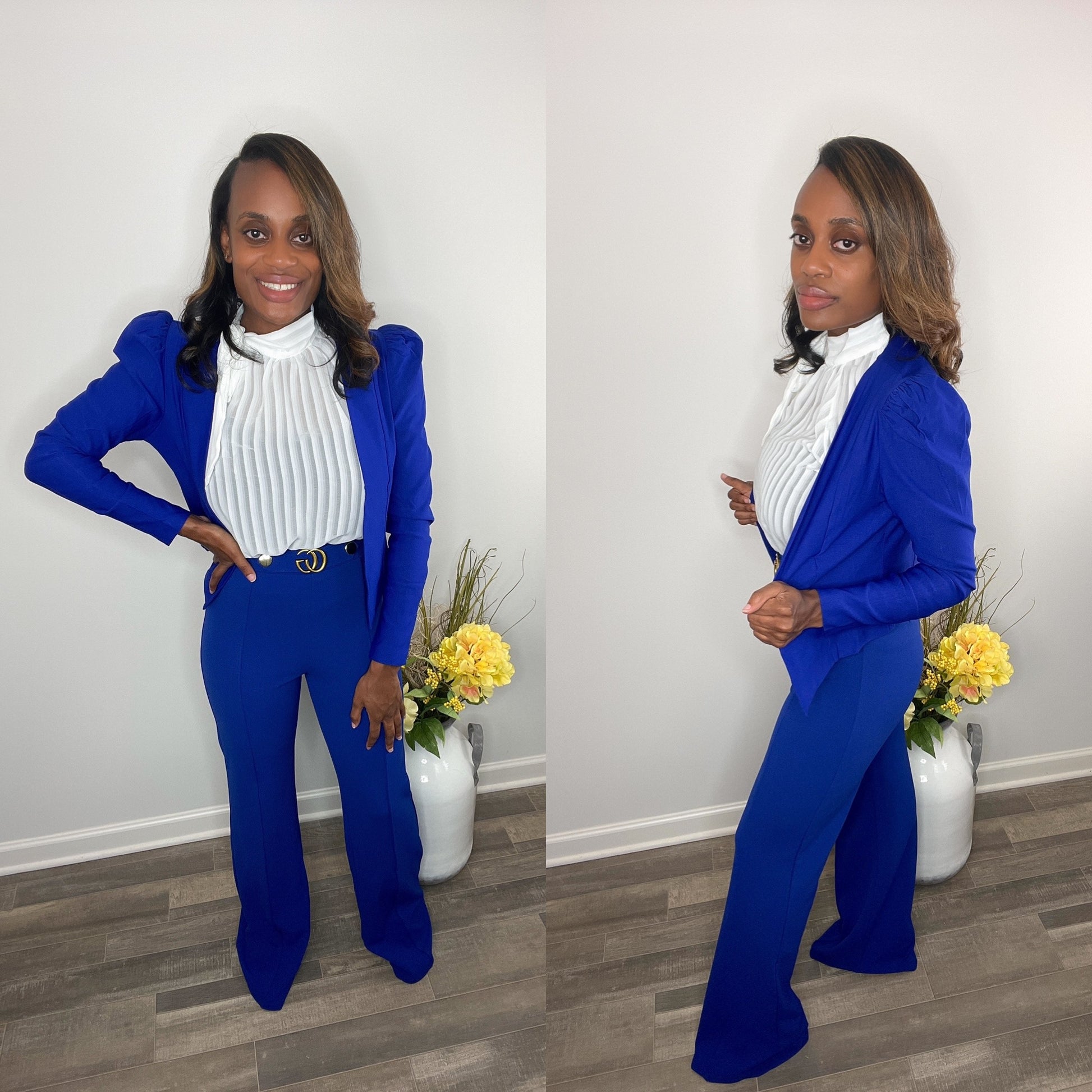 Forever Galore wearing a royal blue pant suit for work or church and Shoe Dazzle clear heels lawyer fashion Harlem on Amazon 