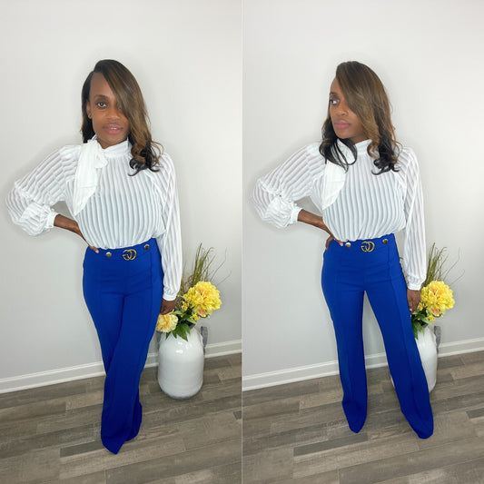 Forever Galore with fashion work royal blue pants, work pants for church or work with a striped shadow bow blouse