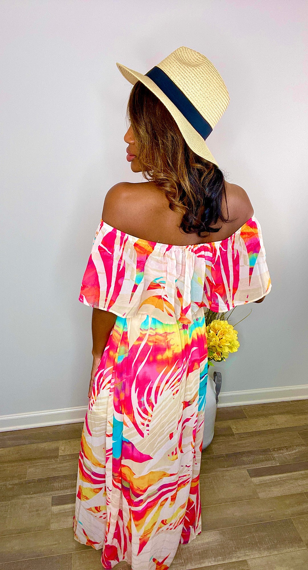 Forever Galore off the shoulder maxi dress wifh fedora hat 