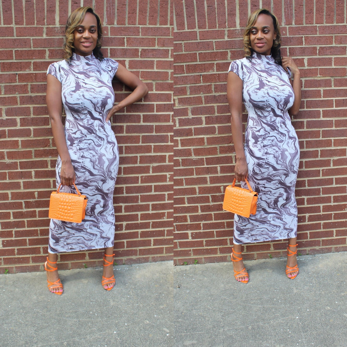 Forever Galore wearing a neutral abstract midi dress with orange Shein strappy sandals and Shein orange purse 