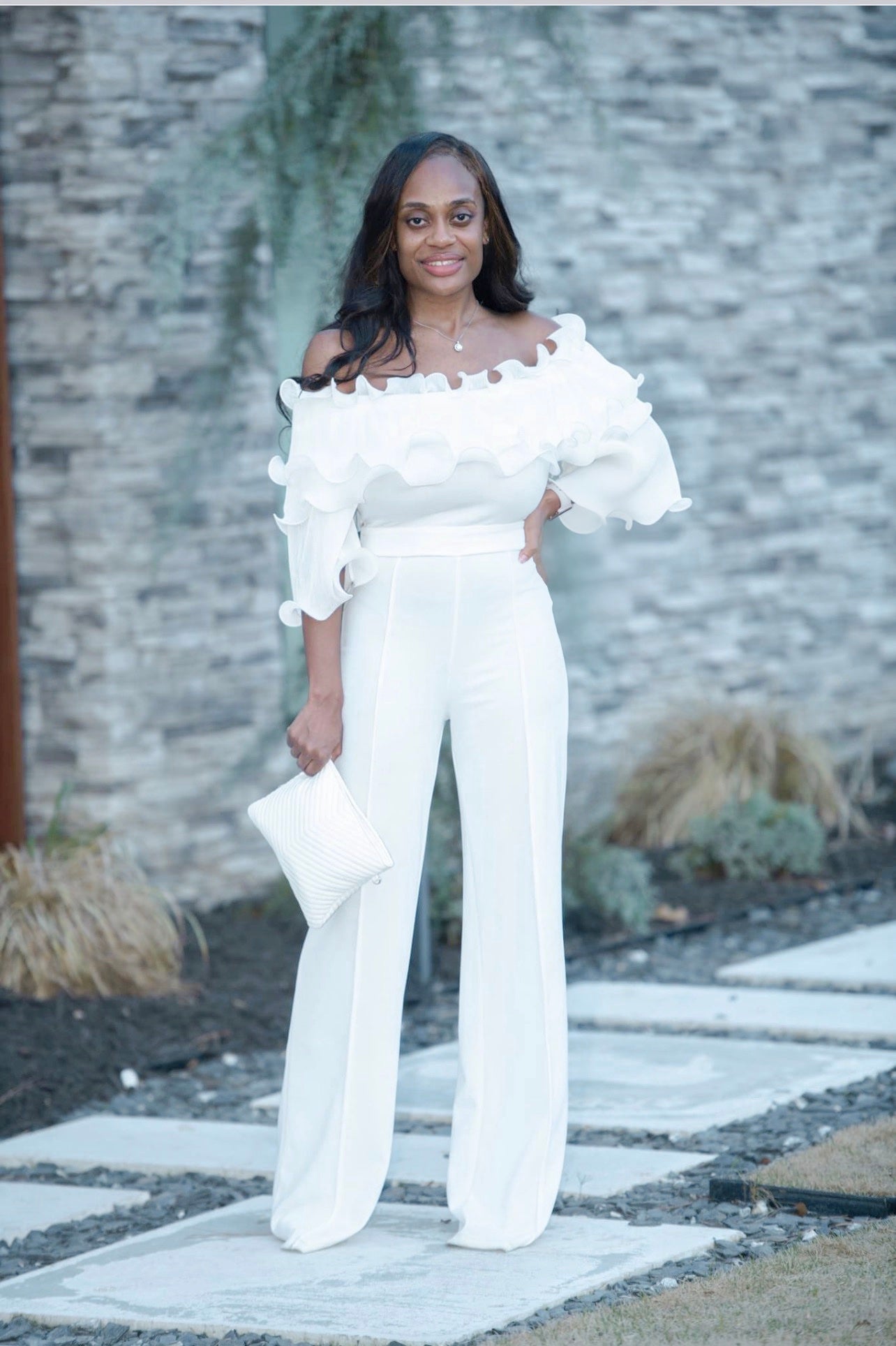 Bad And Bougie White Ruffled Layered Off-the-shoulder Jumpsuit