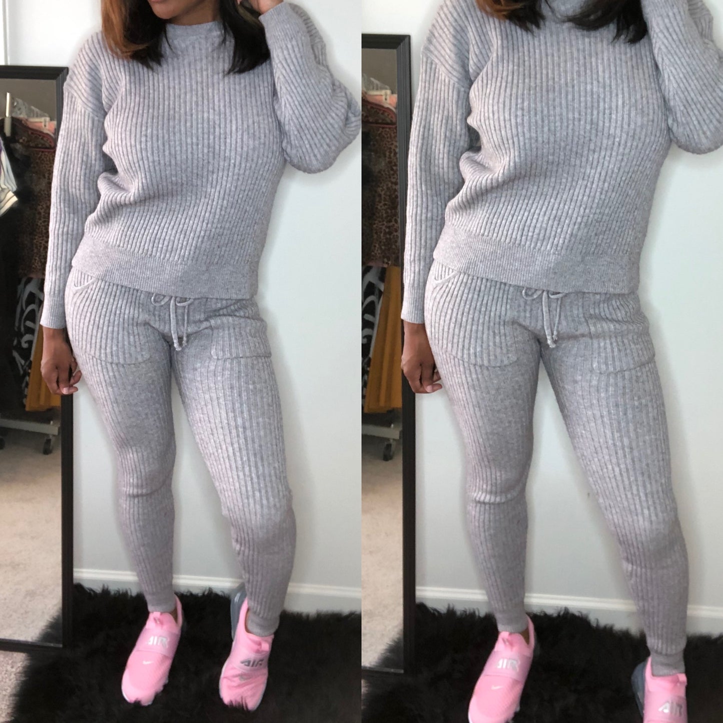 gray matching set, cold winter set, cozy set, sweater set 