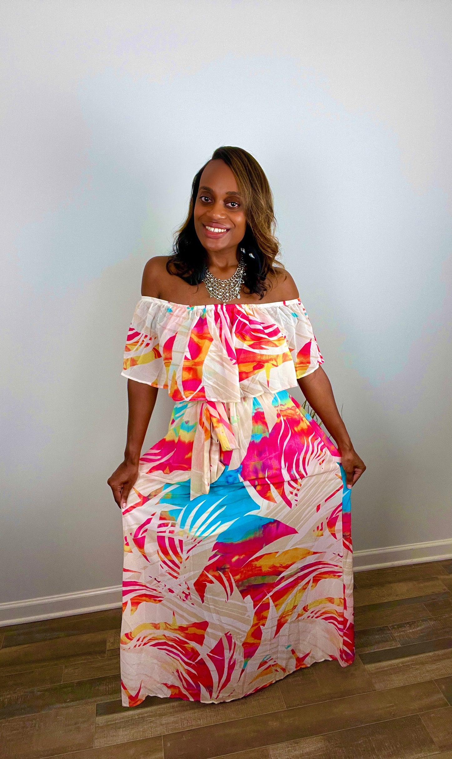 Forever Galore with flower print maxi dress great for cruises Jamaica or Bahamas 