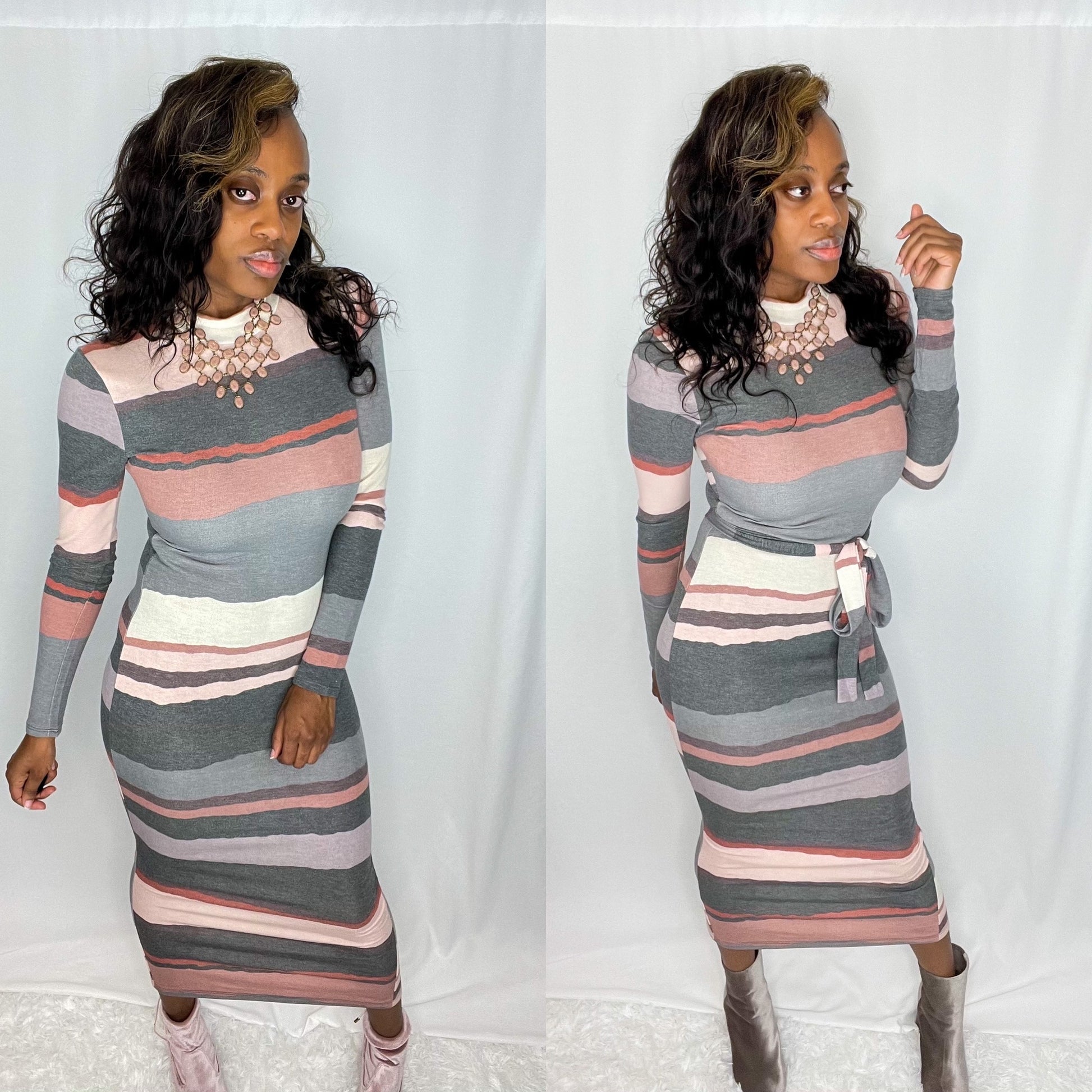 Forever Galore women's stripe dress with belt for Valentine's Day or Breast Cancer month with shoe dazzle booties