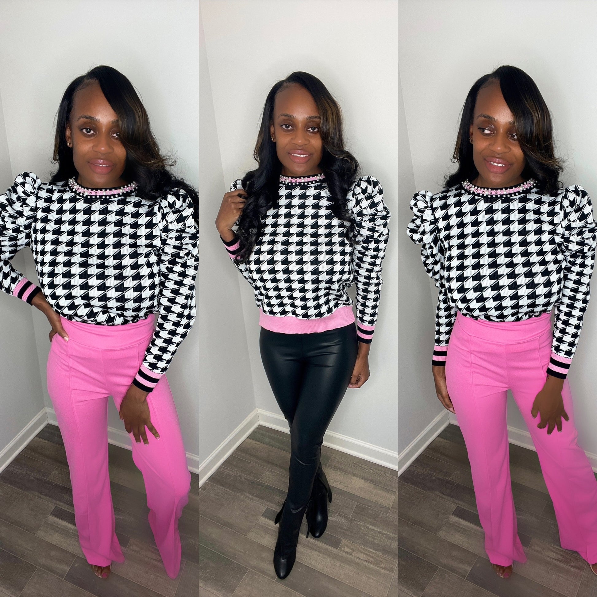 Forever Galore pink classy work houndstooth sweater with pink work fashion pants Great for lawyers and real estate agents 
