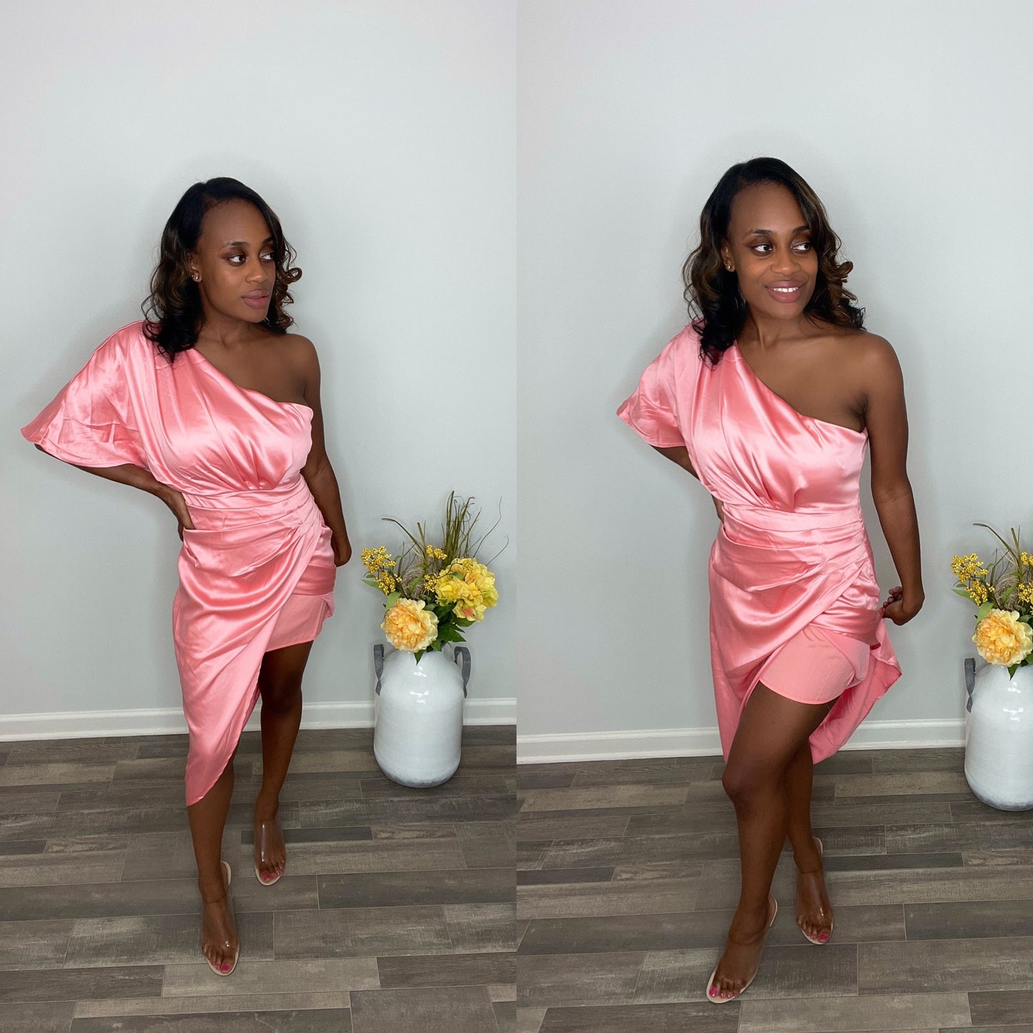 Forever Galore wearing a pink cocktail style midi dress with one shoulder 