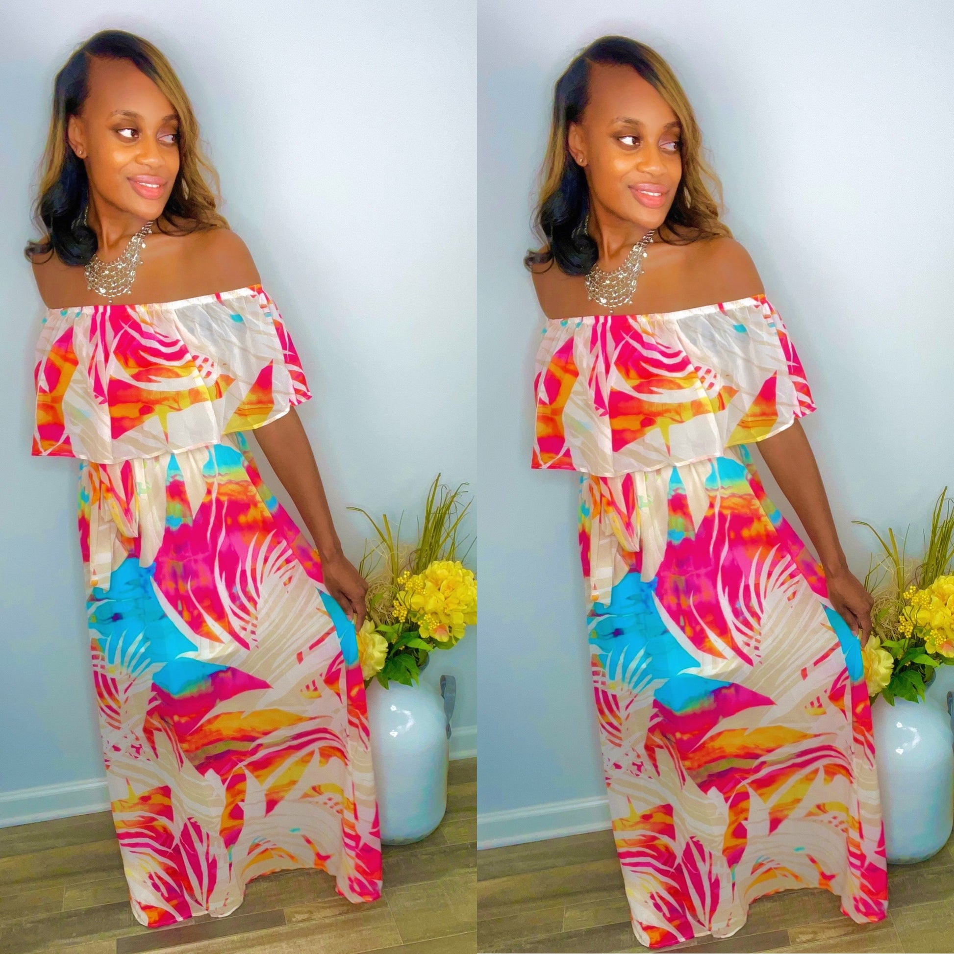 Forever Galore wearing a colorful flower print off the shoulder maxi dress Real Housewives of Atlanta 