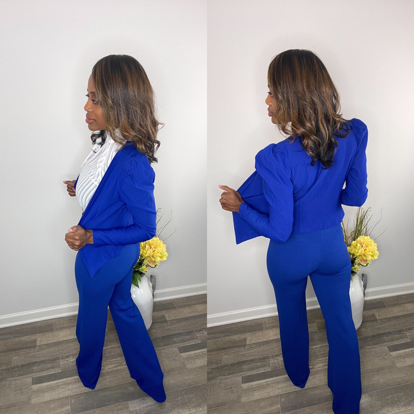 Forever Galore wearing a royal blue fashion work suit great for work and church with Shoe Dazzle shoes